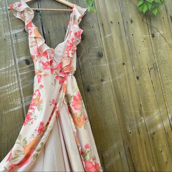 Dreamy Beige and Pink Floral Ruffle Wrap Maxi Dress 🌿 - Picture 5 of 11
